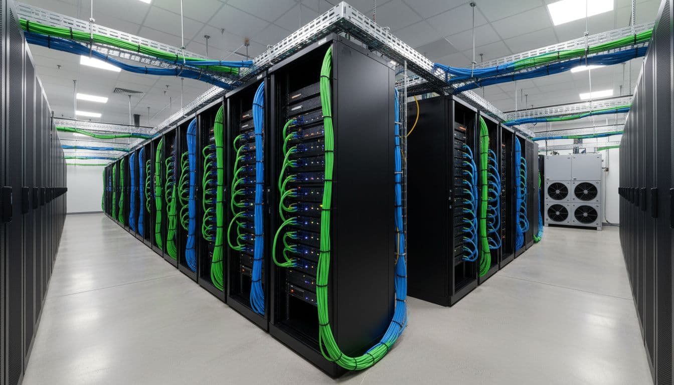 Server racks with GPUs connected by Ethernet and InfiniBand cables and switches in clean data center.