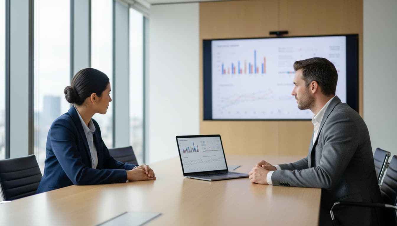 Two data engineers in modern conference room review cost charts on large screen and laptop.