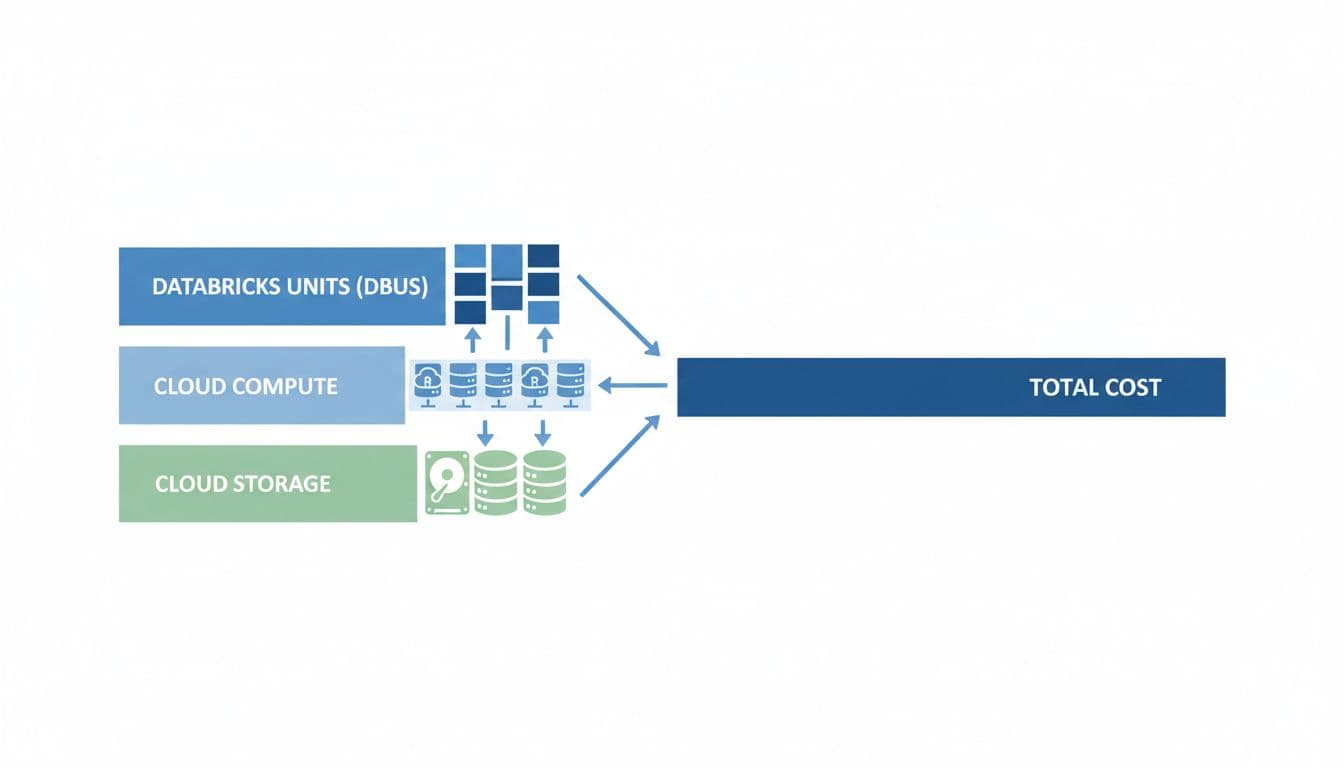 Stacked layers show DBUs atop cloud compute VMs and storage icons building to total cost bar.