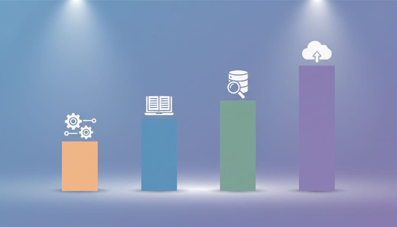 Bar chart with four bars of increasing height for Databricks workloads, topped by gear-pipeline, notebook, query, and cloud icons.