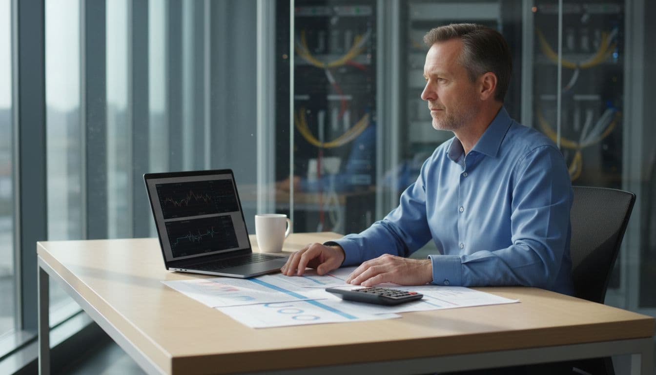 Blackwell Power Draw Reality Check for Datacenter Planners 2 A professional middle-aged datacenter infrastructure architect sits at a modern desk, examining a laptop with blurred graphs of server power usage and rack density for Nvidia Blackwell deployments, surrounded by spreadsheets, calculator, and coffee mug in natural daylight.