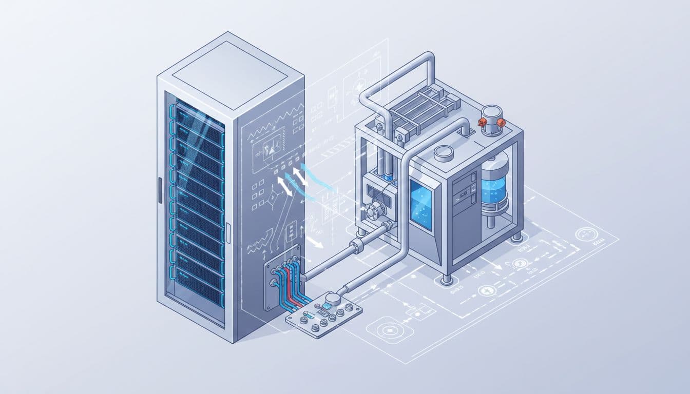 Close-up isometric illustration of a hybrid datacenter cooling setup with air-cooled server racks next to water-based chillers, featuring subtle technical blueprint overlay in a clean indoor server room.
