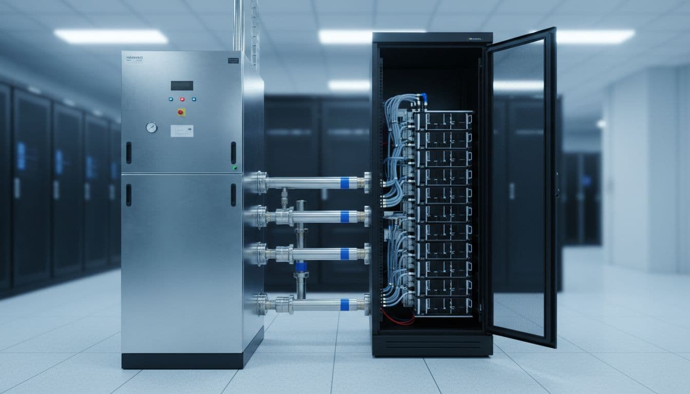 Liquid Cooling Retrofit Costs for AI Datacenters in 2026 2 Datacenter liquid cooling setup with coolant distribution unit connected to server rack via pipes and quick disconnects, manifolds visible in server aisle, detailed components, realistic industrial style.