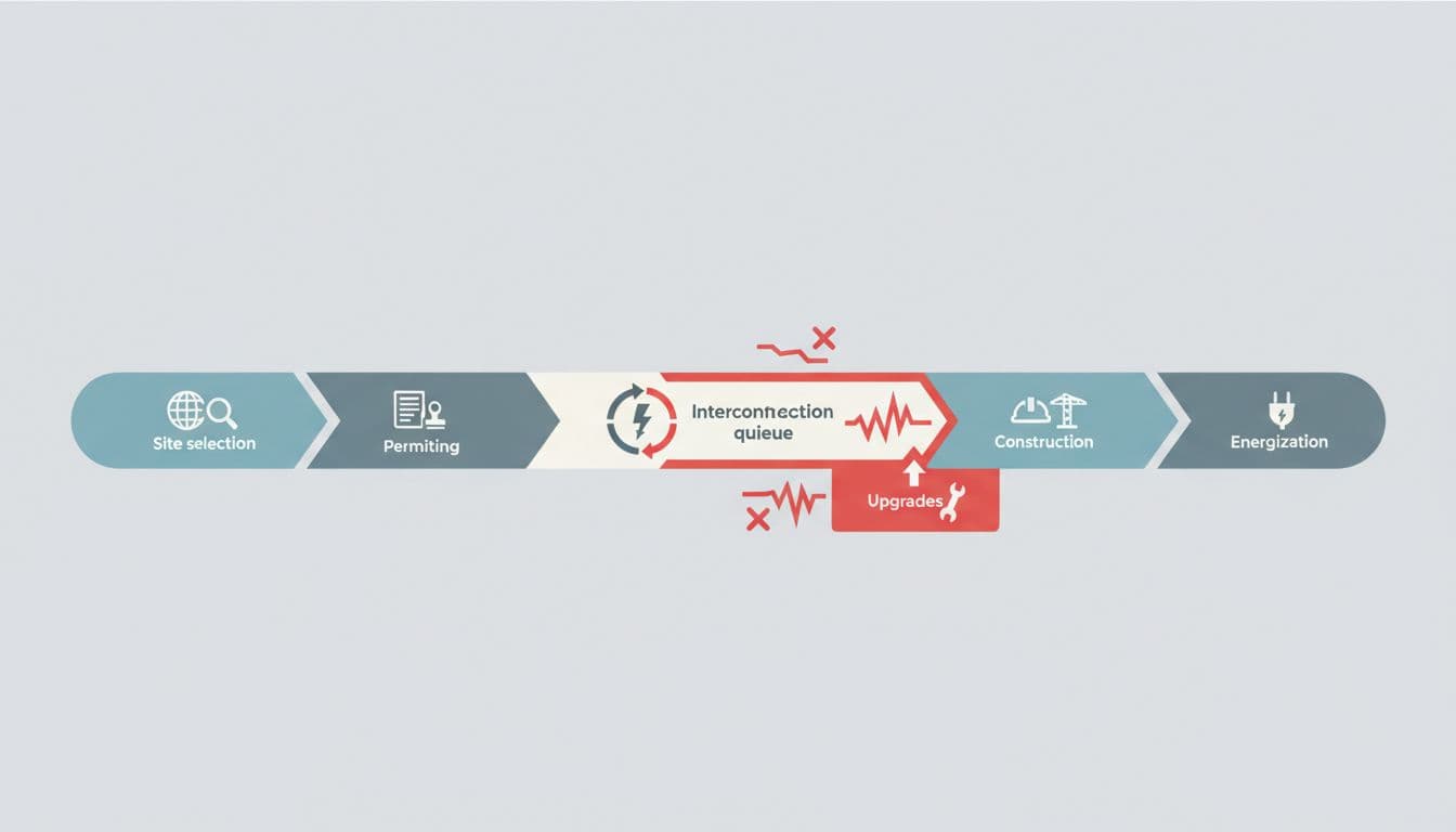 Infographic-style chart depicting a timeline of datacenter project phases including site selection, permitting, interconnection queue, construction, and energization, with red highlights on delay-prone steps like queue and upgrades.