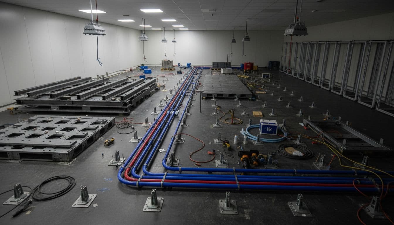 Liquid Cooling Retrofit Costs for AI Datacenters in 2026 3 Empty datacenter floor during retrofit with exposed raised floor panels lifted, liquid cooling pipes installed underneath, reinforcement beams for heavy racks nearby, and scattered construction materials.