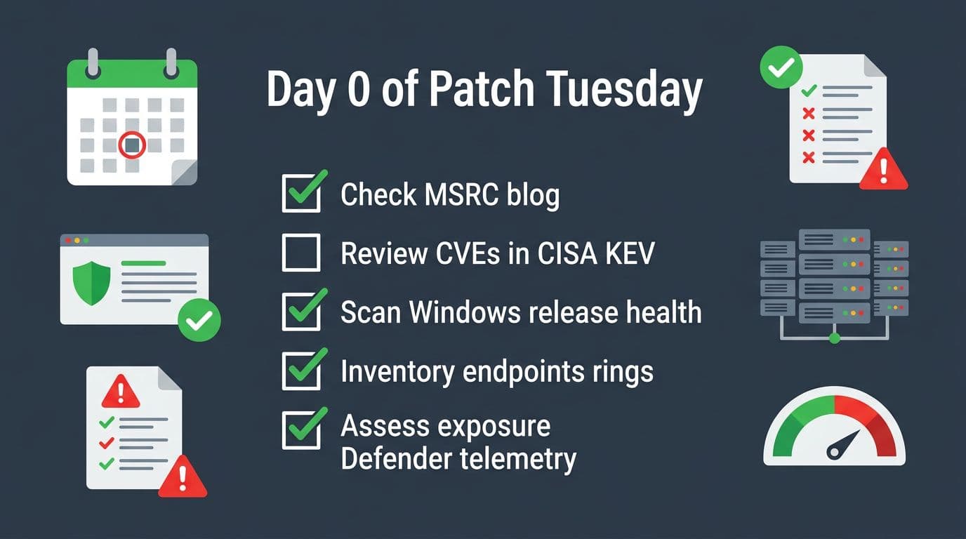Patch Tuesday Triage Playbook For Windows Admins In 2026 2 Vector infographic with a central Day 0 Patch Tuesday triage checklist for Windows admins, including steps like checking MSRC blog, reviewing CVEs in CISA KEV, scanning Windows release health, inventorying endpoints rings, and assessing exposure via Defender telemetry. Surrounding icons depict calendar for second Tuesday, security bulletin, vulnerability list, server farm, and risk meter on a dark blue-gray background with green checkmarks and red warnings in flat high-contrast style.