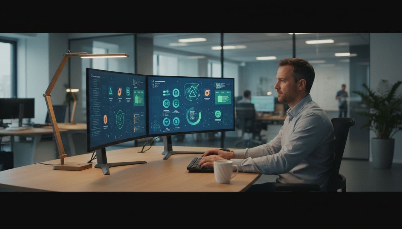 DevOps manager at office desk configures GitHub Copilot Enterprise governance dashboard on dual monitors showing abstract policy icons.