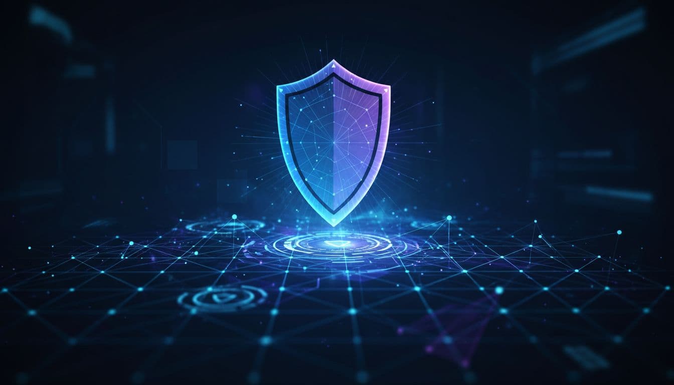 A glowing shield icon overlays a complex digital network visualization on a dark technical screen.
