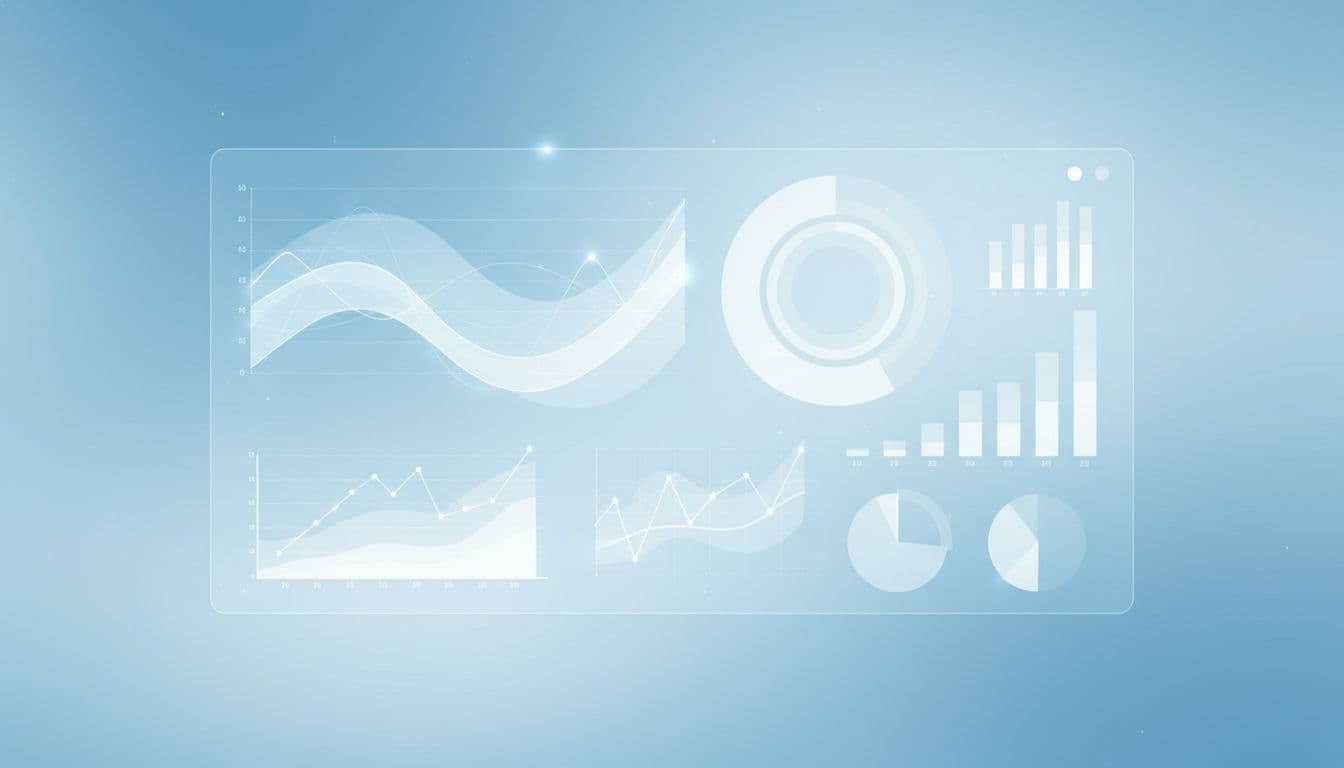 A minimalist data dashboard features clean blue and white charts for tracking financial spending.