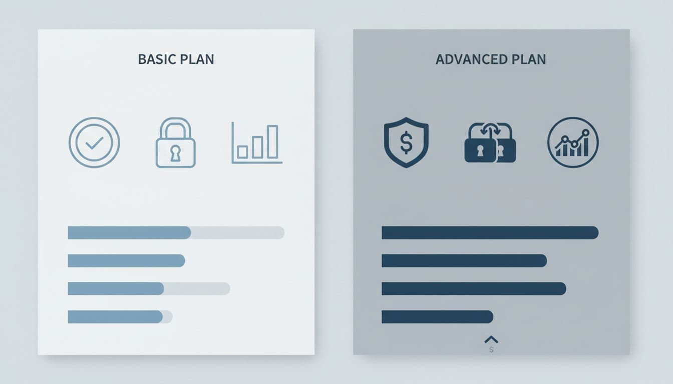 Microsoft 365 E5 vs E3 Cost in 2026: A Security Buyer's View 1 Side-by-side infographic of basic left column and advanced right column with shields, locks, and charts.