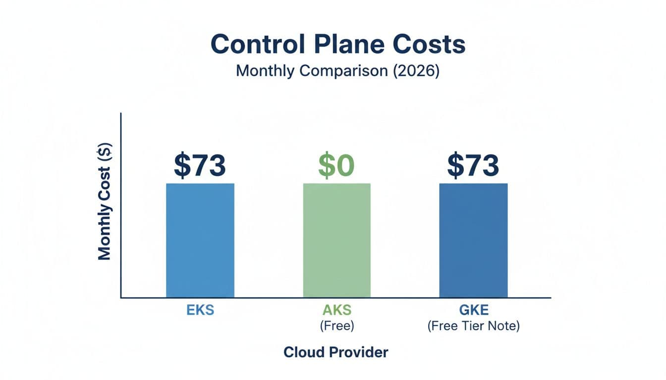 Bar chart shows monthly 2026 control plane costs: EKS $73, AKS $0 free, GKE $73 with free tier note.