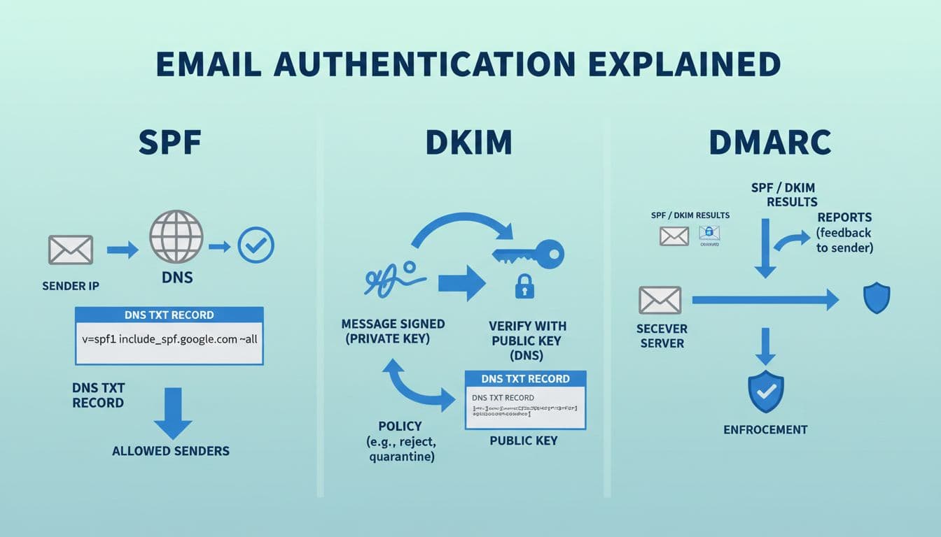 How to check for email spoofing in Gmail and Outlook, set up SPF, DKIM, and DMARC with plain-English steps 2 A clean, accessible three-panel infographic diagram illustrating email authentication protocols SPF, DKIM, and DMARC in flat vector style with blues, teals, grays, high contrast, and large readable labels.