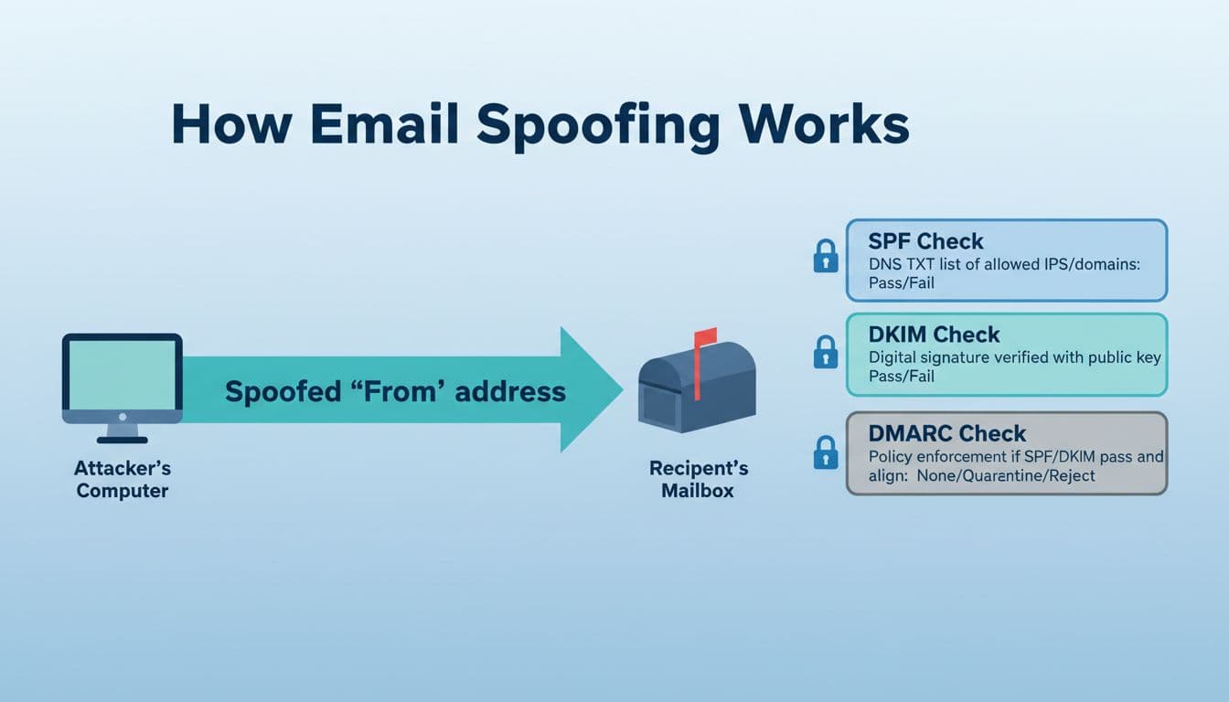 How to check for email spoofing in Gmail and Outlook, set up SPF, DKIM, and DMARC with plain-English steps 1 A clean, accessible instructional flowchart diagram explaining email spoofing, featuring an attacker sending a spoofed email to a recipient's mailbox, with side callouts for SPF, DKIM, and DMARC authentication checks.