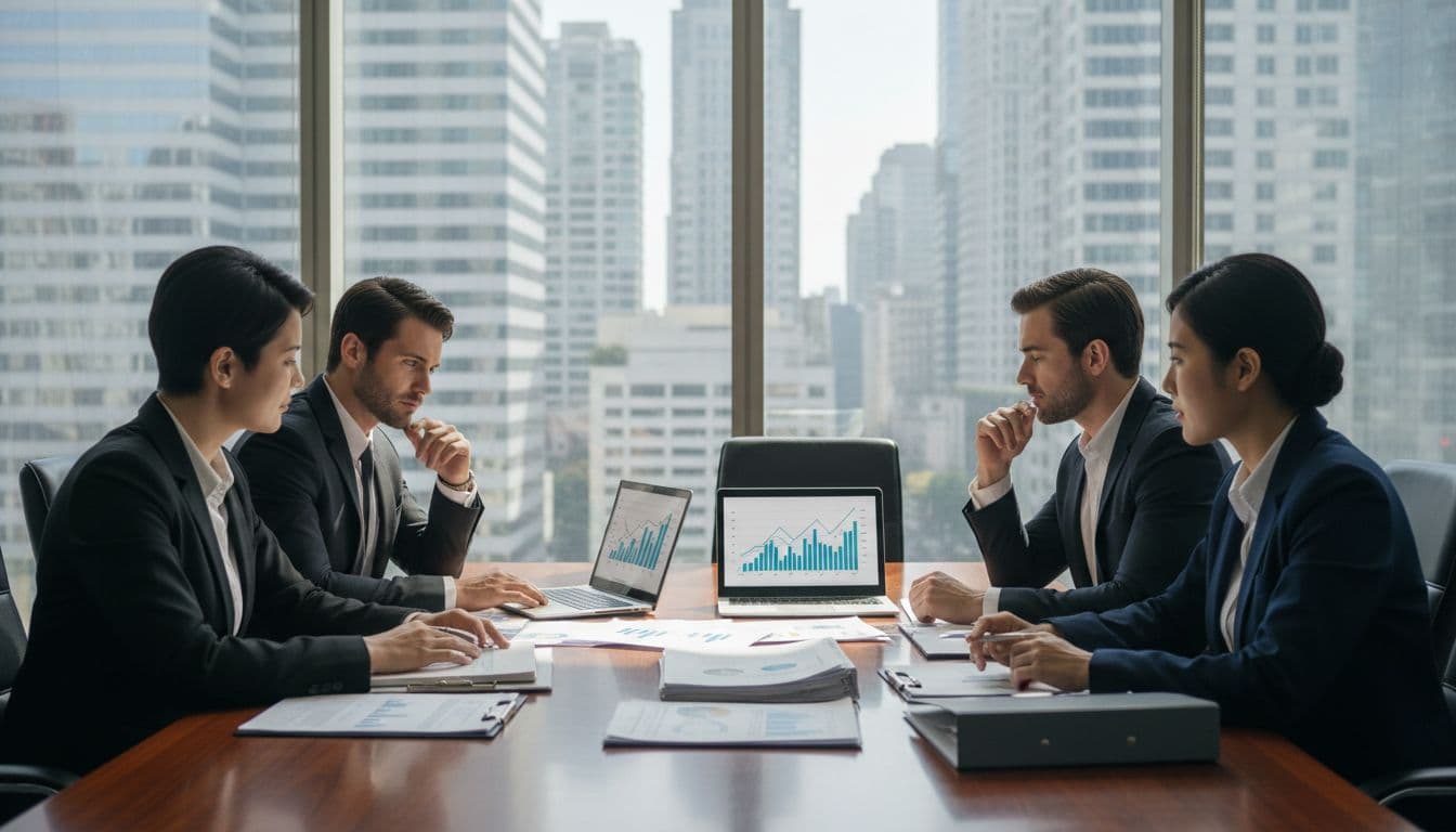 Four enterprise professionals seated around a conference table in a modern glass-walled office, intently reviewing printed contracts and laptops displaying performance charts during a GPU cloud vendor negotiation. Natural daylight illuminates the scene with a city skyline view through the windows, capturing focused expressions in a realistic corporate photography style.