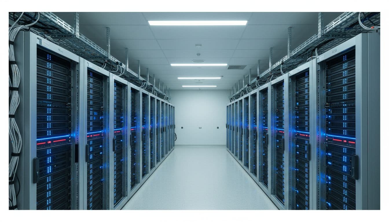 Two server racks in modern data center housing RHEL, Rocky Linux, and AlmaLinux servers with glowing blue lights and neat cables.