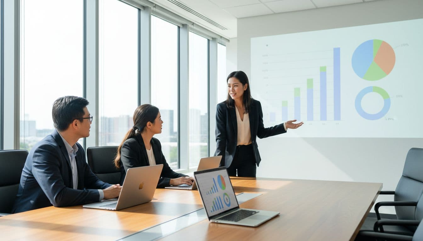 Three professionals in modern conference room discuss costs on open laptops and projected graphs, one pointing at screen.