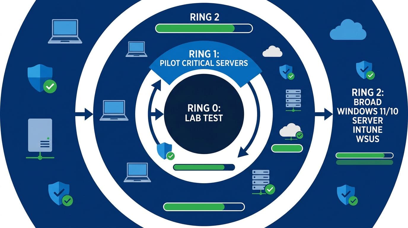 Patch Tuesday Triage Playbook For Windows Admins In 2026 3 Modern vector diagram of enterprise patch management using concentric rings for phased deployment: Ring 0 for lab tests, Ring 1 for pilot critical servers, Ring 2 for broad Windows rollout via Intune and WSUS. Includes icons for laptops, servers, cloud, Defender, arrows for monitoring, dark blue with green progress bars in flat high-contrast design.