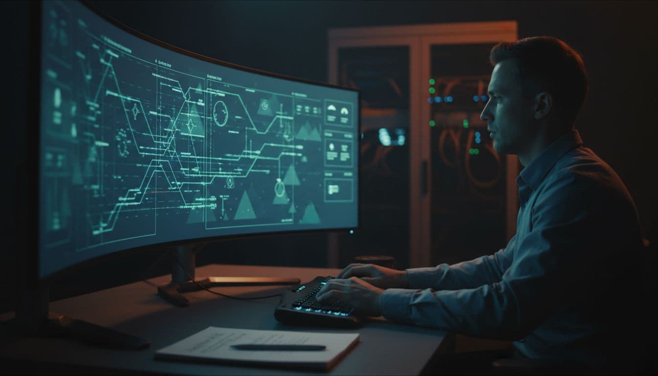 A single enterprise security analyst in a dimly lit control room focuses intently on a large monitor showing abstract timelines and alert icons for Slack audit logs, with a professional setup including keyboard and notes.