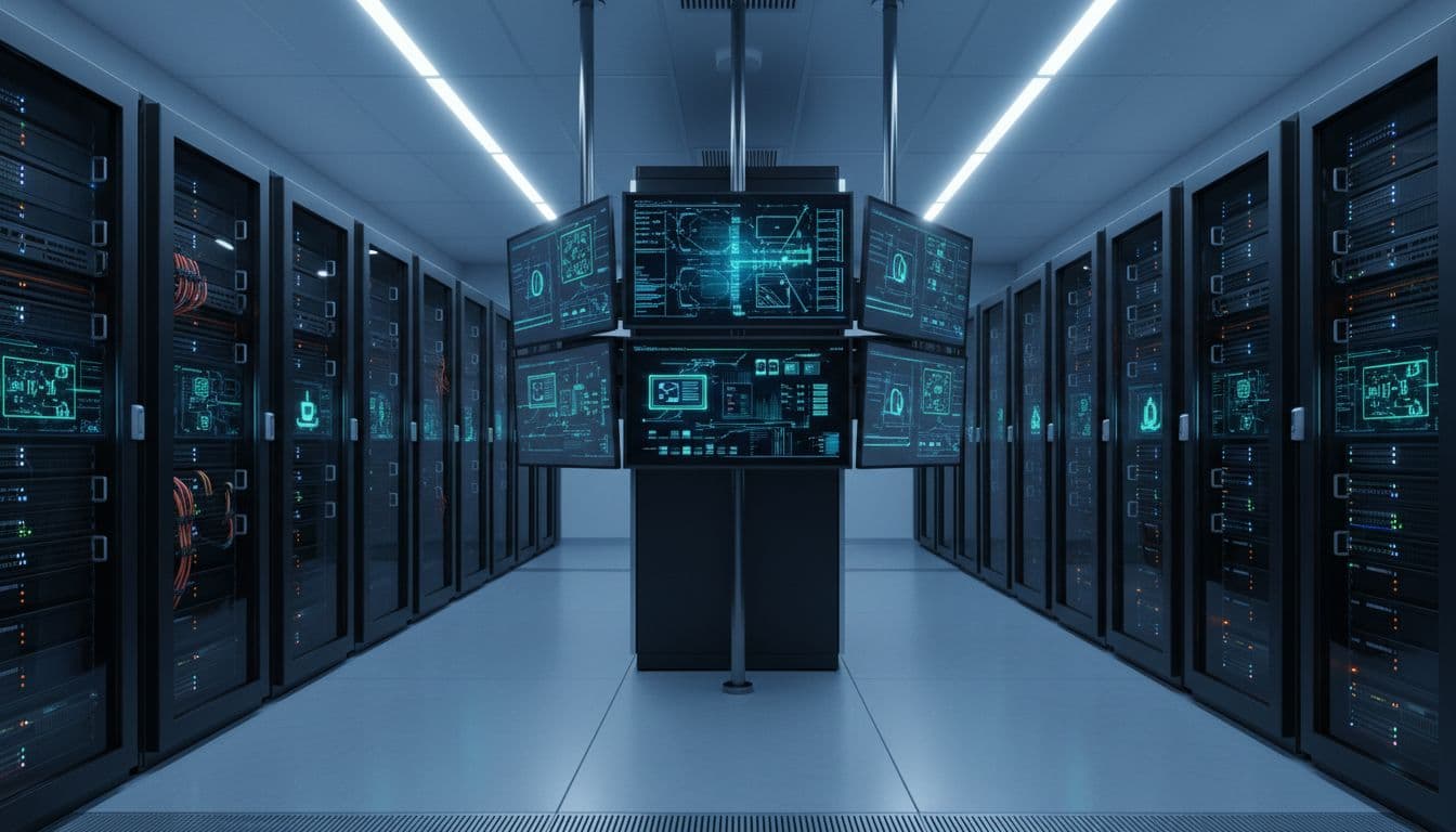 Oracle Java Licensing Audit Checklist for Windows and Linux Fleets 1 Modern data center with racks of Windows and Linux servers running Java applications, glowing screens showing deployment metrics, cool blue lighting, wide angle realistic view, no people, no text or logos.