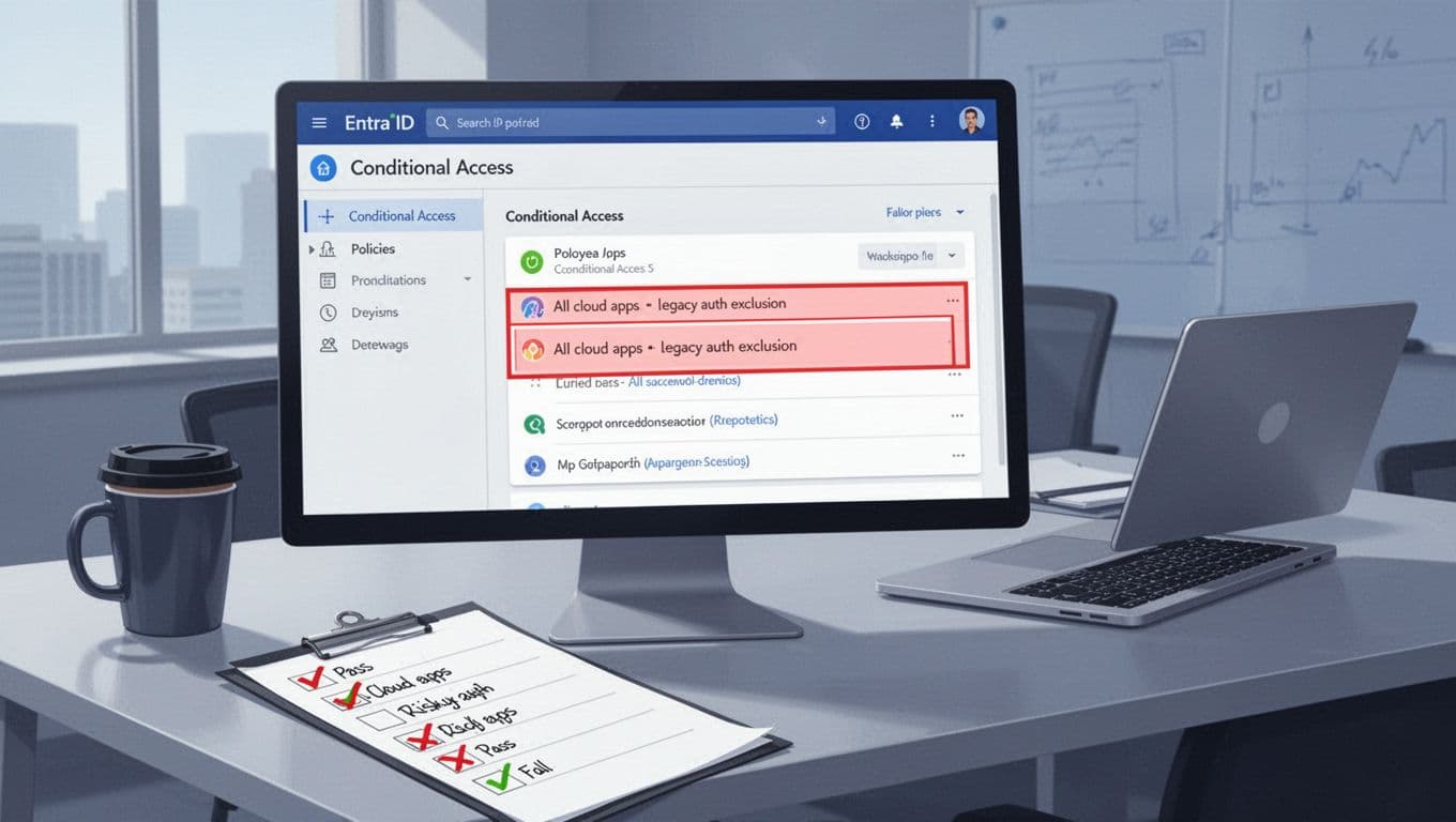 Entra ID Conditional Access audit in 30 minutes (2026), risky legacy auth, device compliance gaps, and “break-glass” accounts you forgot 2 Vector illustration of Entra ID portal displaying Conditional Access policies with a risky 'All cloud apps' policy highlighted in red due to legacy auth exclusion. Foreground checklist with pass/fail marks on an office desk background with coffee mug and open laptop.