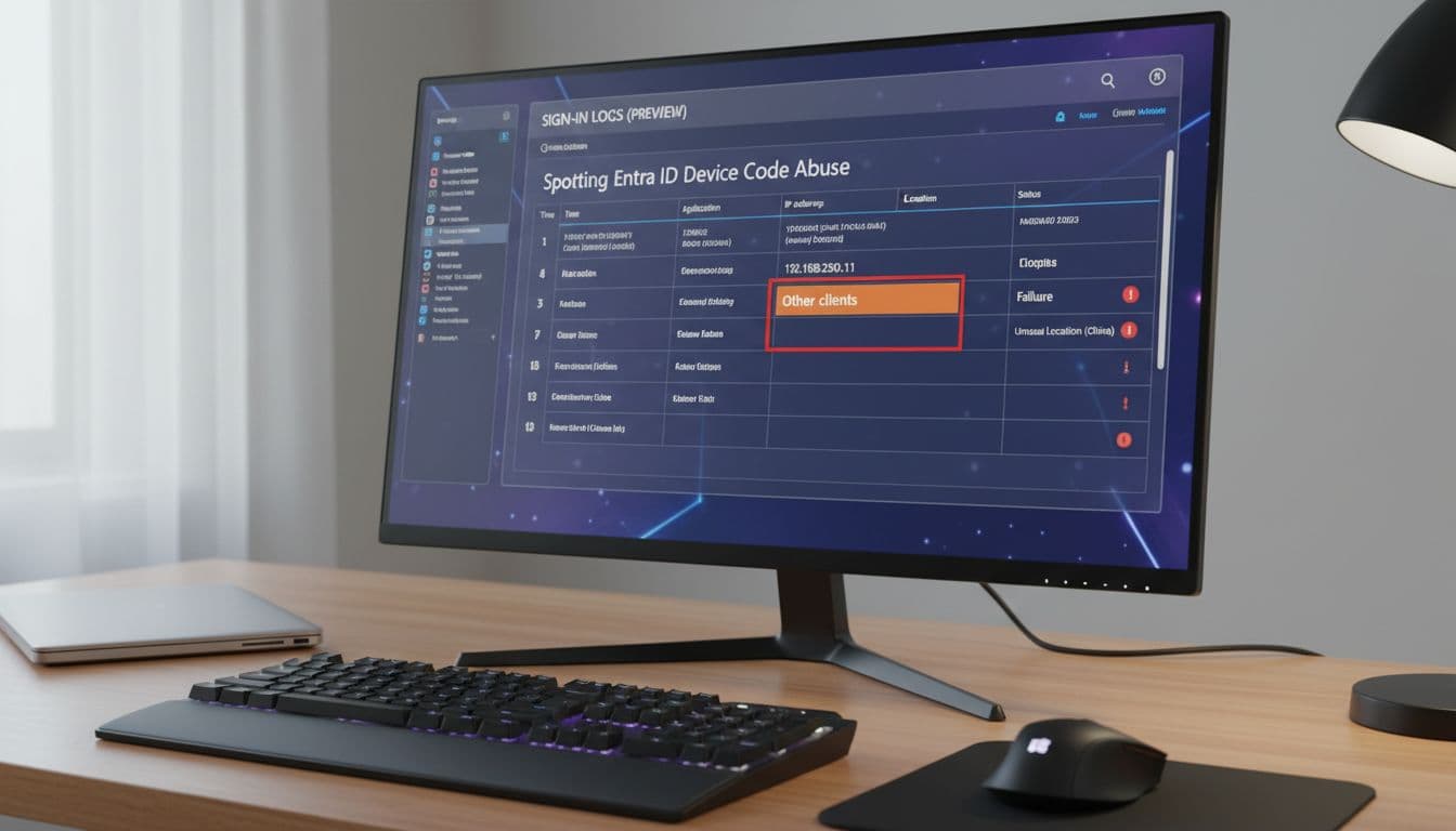 Computer screen showing Entra ID sign-in logs dashboard with a highlighted suspicious row indicating device code abuse using 'Other clients' and IP from unusual location, in a realistic office desk setting with keyboard and mouse.