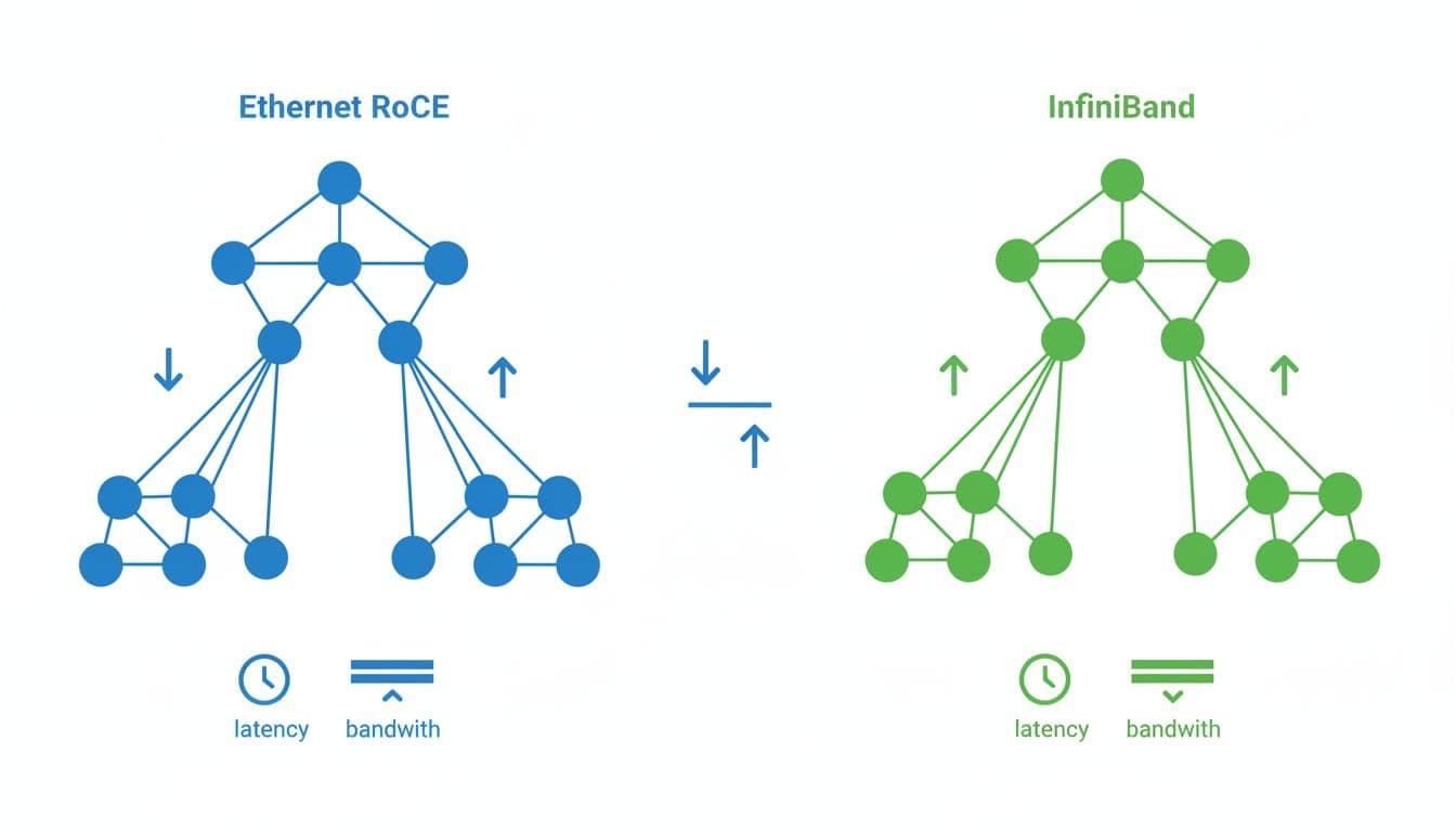 Abstract diagram compares blue Ethernet RoCE and green InfiniBand network topologies with nodes, links, and latency-bandwidth icons on white background.