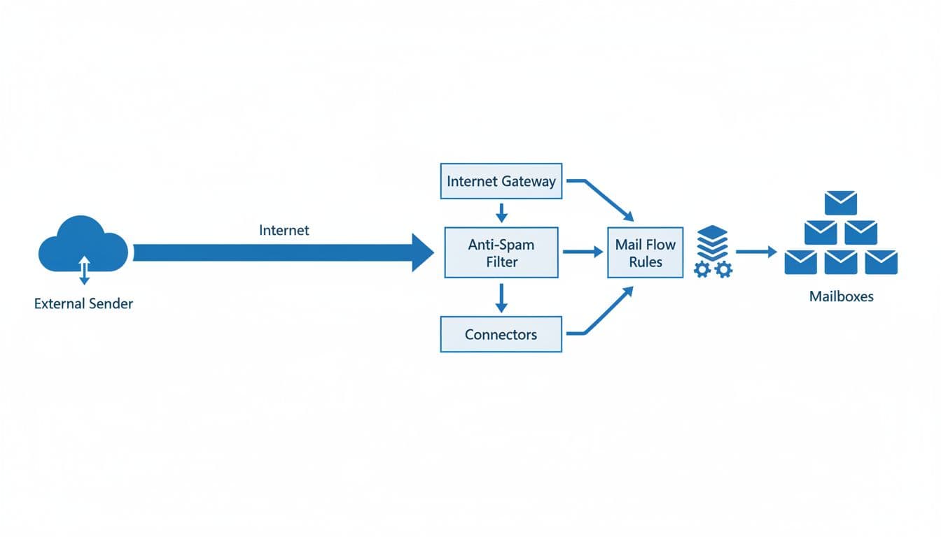 Exchange Online Mail Flow Audit Checklist for 2026 Admin Teams 1 Clean technical illustration of Exchange Online inbound mail flow, featuring arrows from external sender through internet gateway, anti-spam filter, mail flow rules, and connectors to mailboxes. Modern flat vector diagram in blue and neutral enterprise colors with simple icons and paths.
