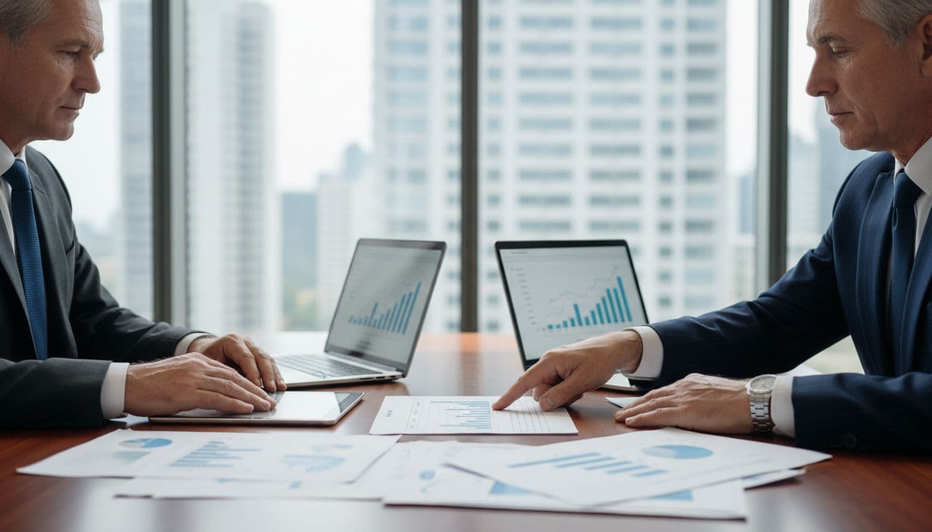 Three suited executives sit at a conference table reviewing financial reports and laptops, one pointing to a rising trend line.