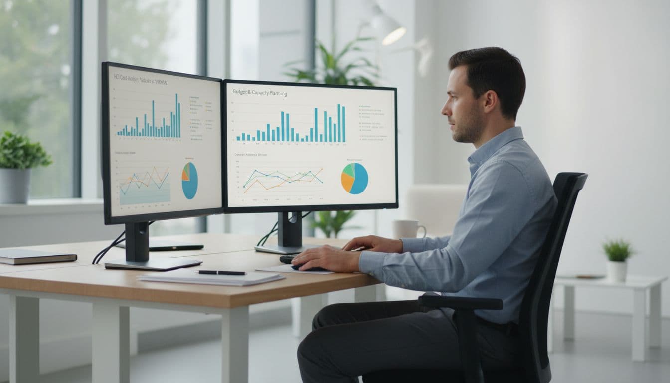 Focused IT finance professional at desk analyzes abstract cost charts on dual monitors in modern office.