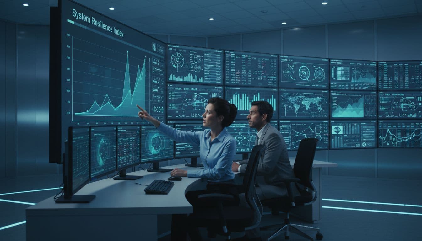 DORA Compliance Checklist for Financial IT Teams in 2026 1 Modern IT operations center where financial IT team monitors large screens with dashboards, one person points at resilience metric graph, exactly two people in dim-lit professional office with blue tones.
