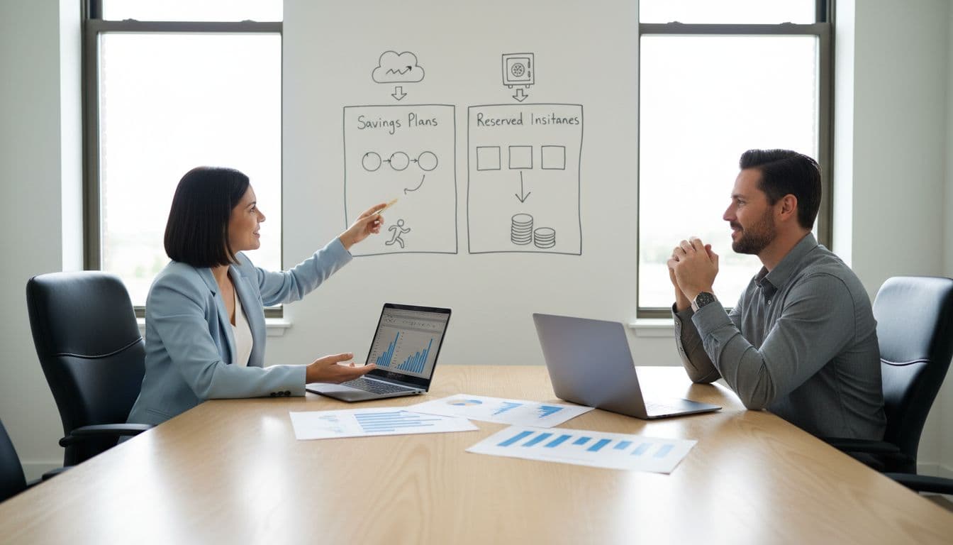 Two professionals at a conference table with laptops and charts, one pointing to whiteboard diagram of AWS Savings Plans versus Reserved Instances icons.