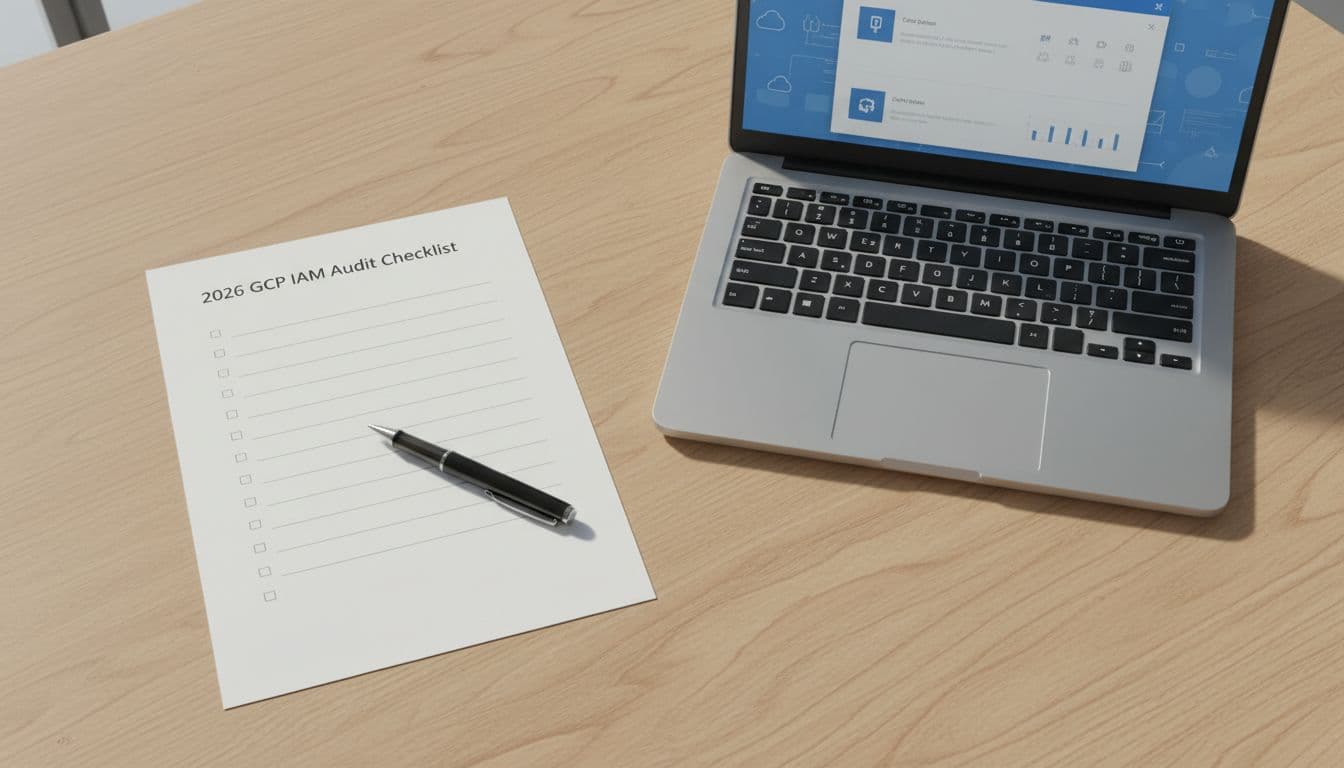 GCP IAM Recommender Reality Check And 2026 Audit Checklist 2 Top-down photorealistic view of a simple office desk with a checklist document, pen, and laptop open to GCP console under natural daylight. Exactly one laptop, one pen, one paper; no people, text, or watermarks visible.