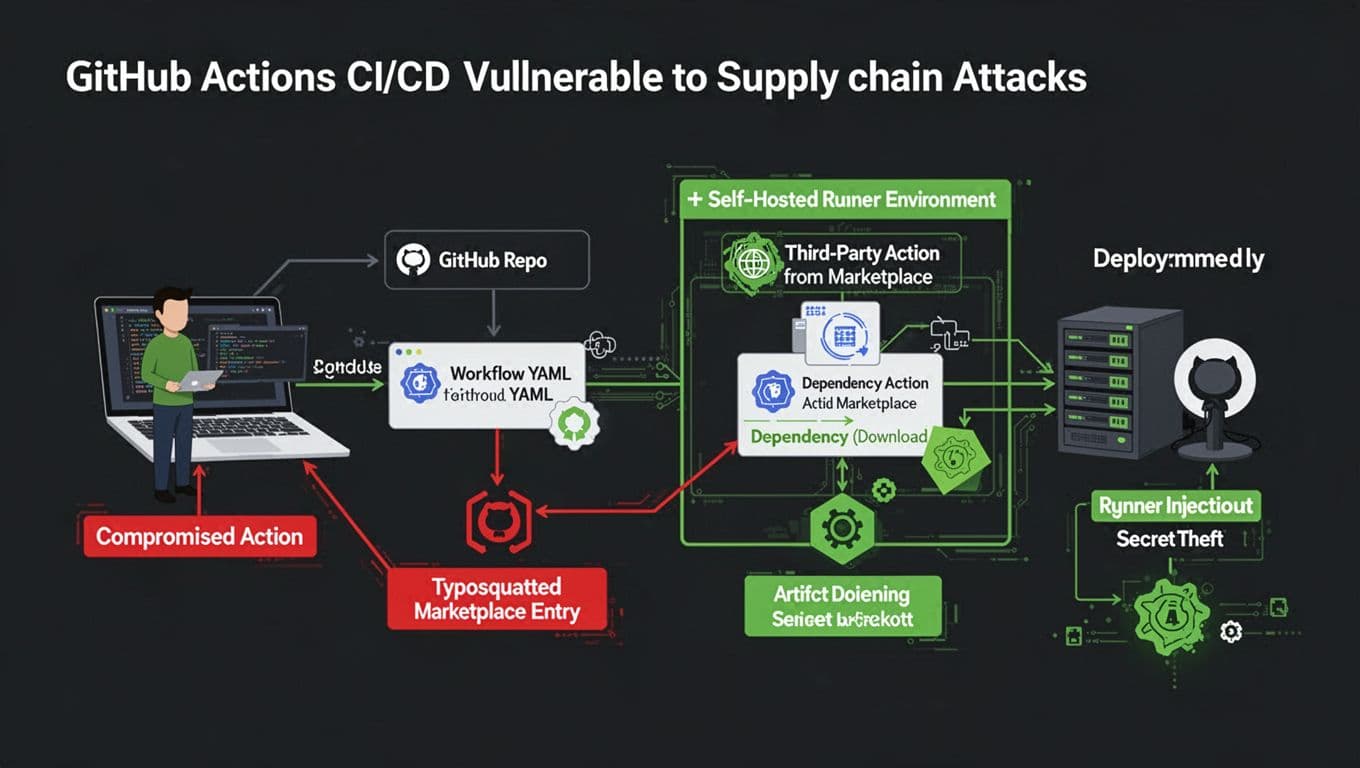 GitHub Actions Supply Chain Attacks And The Defenses That Work 1 Clean, modern cybersecurity infographic illustrating a GitHub Actions CI/CD pipeline vulnerable to supply chain attacks, featuring developer workflow, self-hosted runner, and highlighted red attack vectors like compromised actions and secret theft.