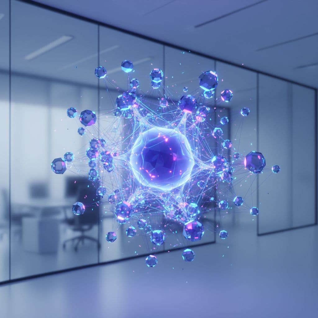 Microsoft Fabric Pricing in 2026 for Data and BI Teams 1 Central glowing hub connects smaller digital nodes in high-tech office with soft blue-purple lighting.