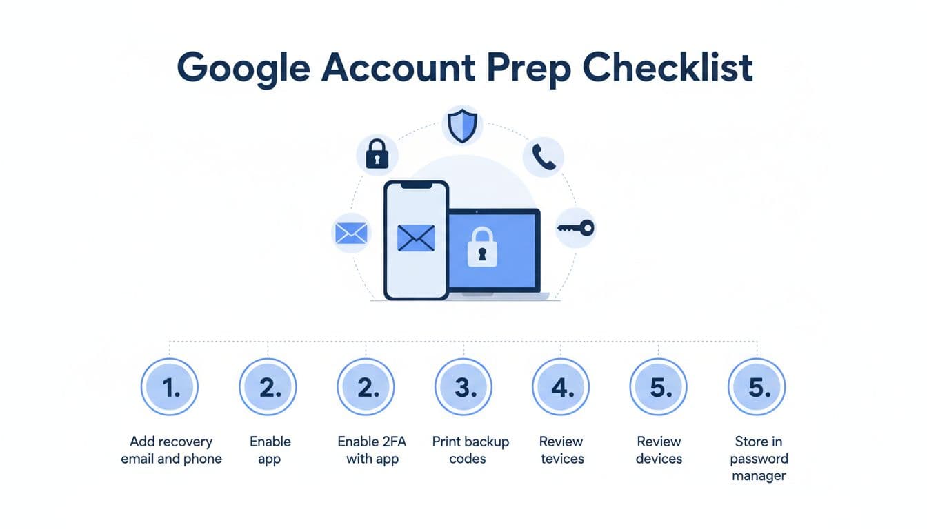 Clean modern infographic showing five preparation steps for Google account recovery, featuring a smartphone, laptop, and security icons like lock, shield, email, phone, and key.