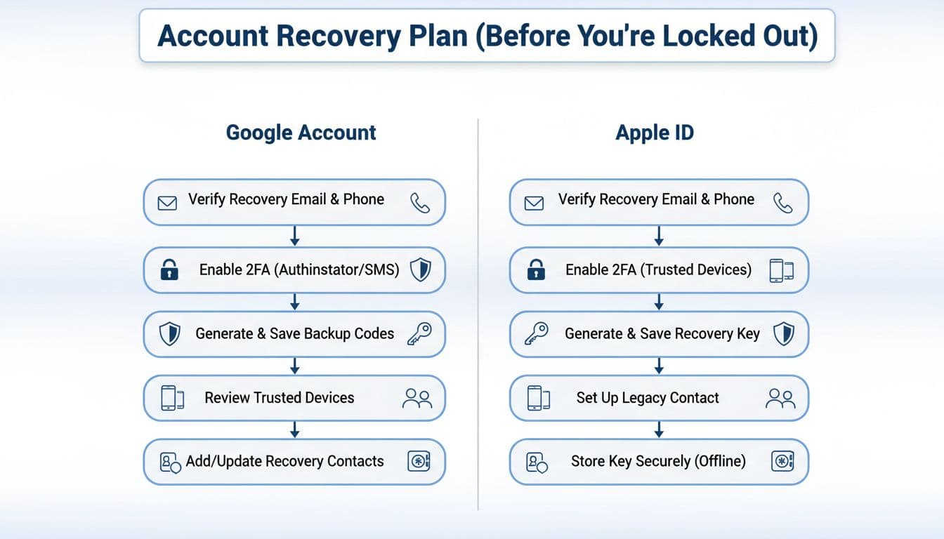 Clean, modern infographic flowchart with side-by-side columns for Google Account and Apple ID recovery steps, including verify recovery info, update password, enable 2FA, and more.