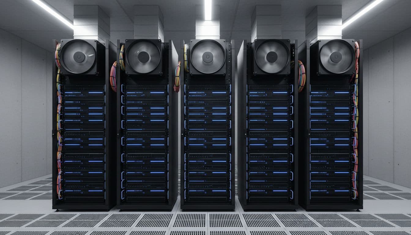 Arm Server TCO in 2026 for VMware Exit Plans 1 Three Arm server racks in dense data center with cooling fans and blue LED lights.