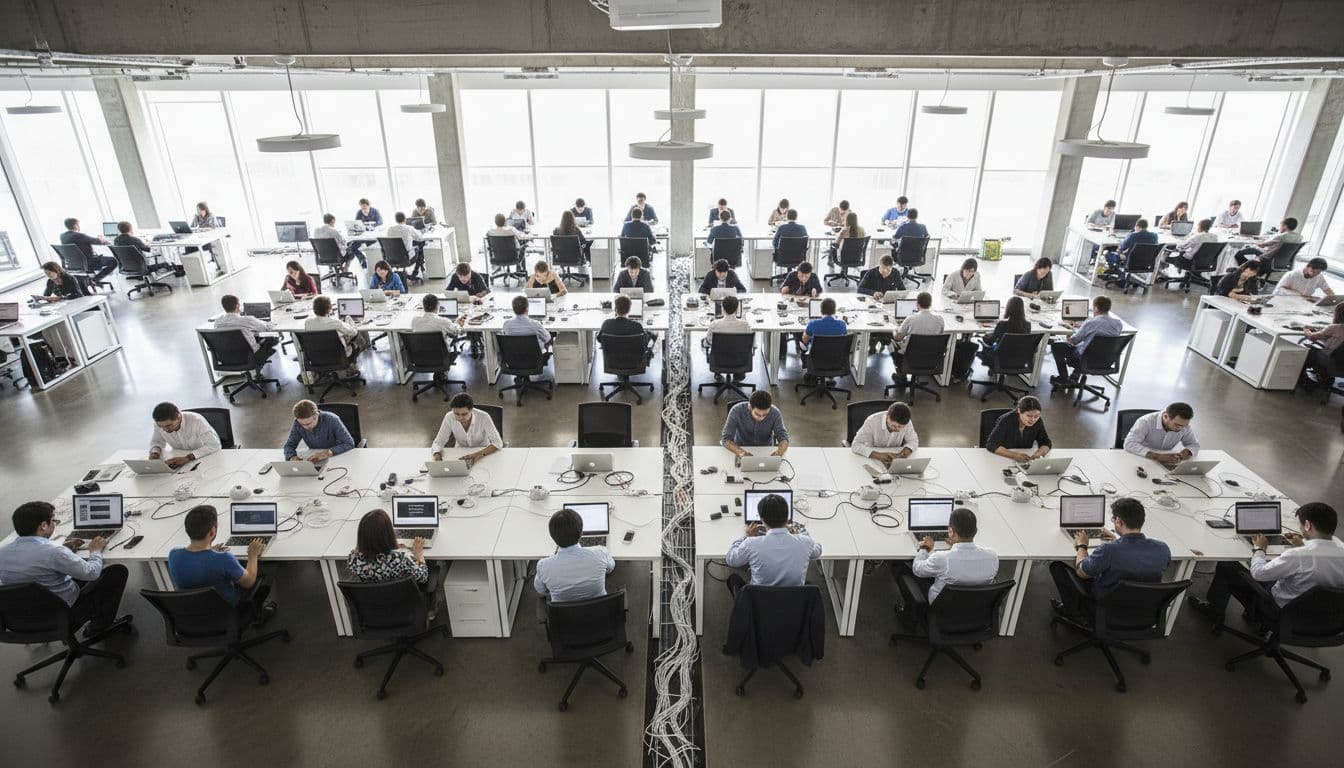 Wi-Fi 7 Enterprise Upgrade Checklist for High-Density Offices in 2026 1 Wide-angle overhead view of a modern high-density office floor with exactly 50 people at desks using laptops and phones connected to ceiling Wi-Fi access points, neat cables, bright natural light from windows.