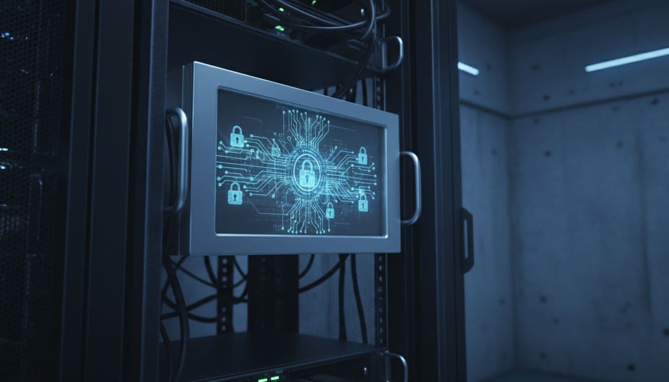 ADCS Hardening Checklist for 2026: Lock Down Templates, Keys, and Trust 1 Close-up of a Hardware Security Module (HSM) device integrated with a server, protecting keys and certificates inside a dark secure vault with padlock icons and soft blue lighting.