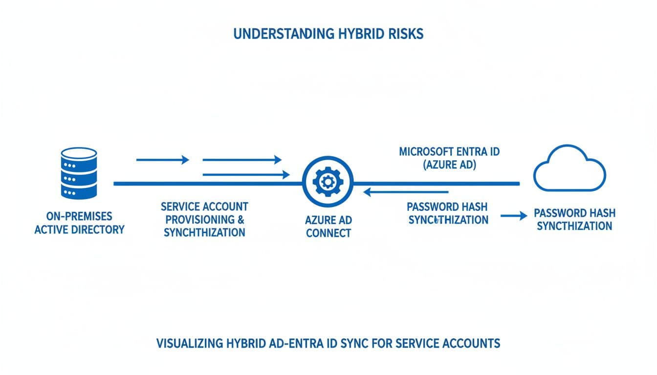 Diagram showing hybrid identity environment with on-premises Active Directory connected to Microsoft Entra ID via Azure AD Connect, arrows indicating sync direction for service accounts in a clean professional blue and white style with simple icons.