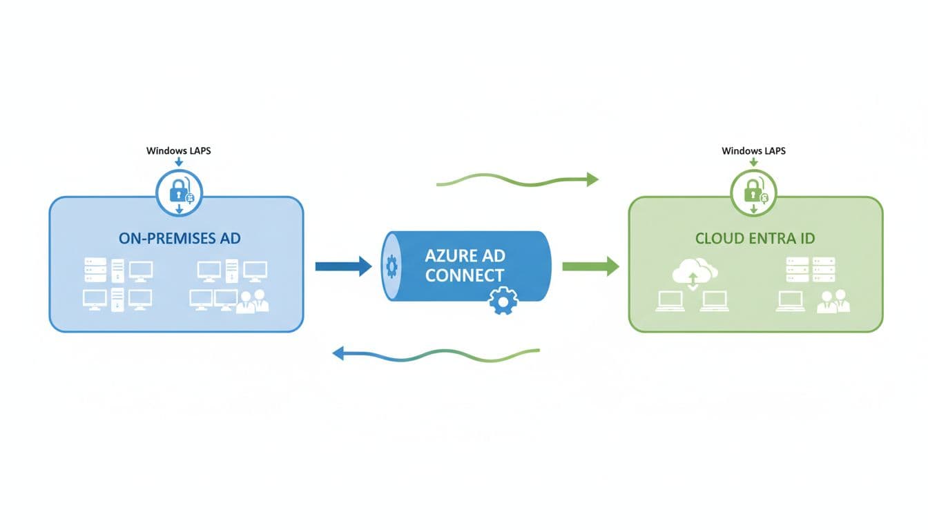 Professional diagram of a hybrid on-premises Active Directory connected to cloud Entra ID, featuring Windows LAPS icons for local admin passwords management, using simple server, computer, and user icons in blue and green tones.
