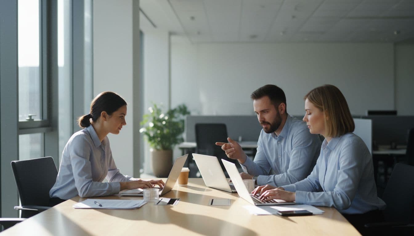 A professional incident response team of three people sits around a conference table with laptops open to token revocation interfaces, reviewing containment steps in a naturally lit office setting.