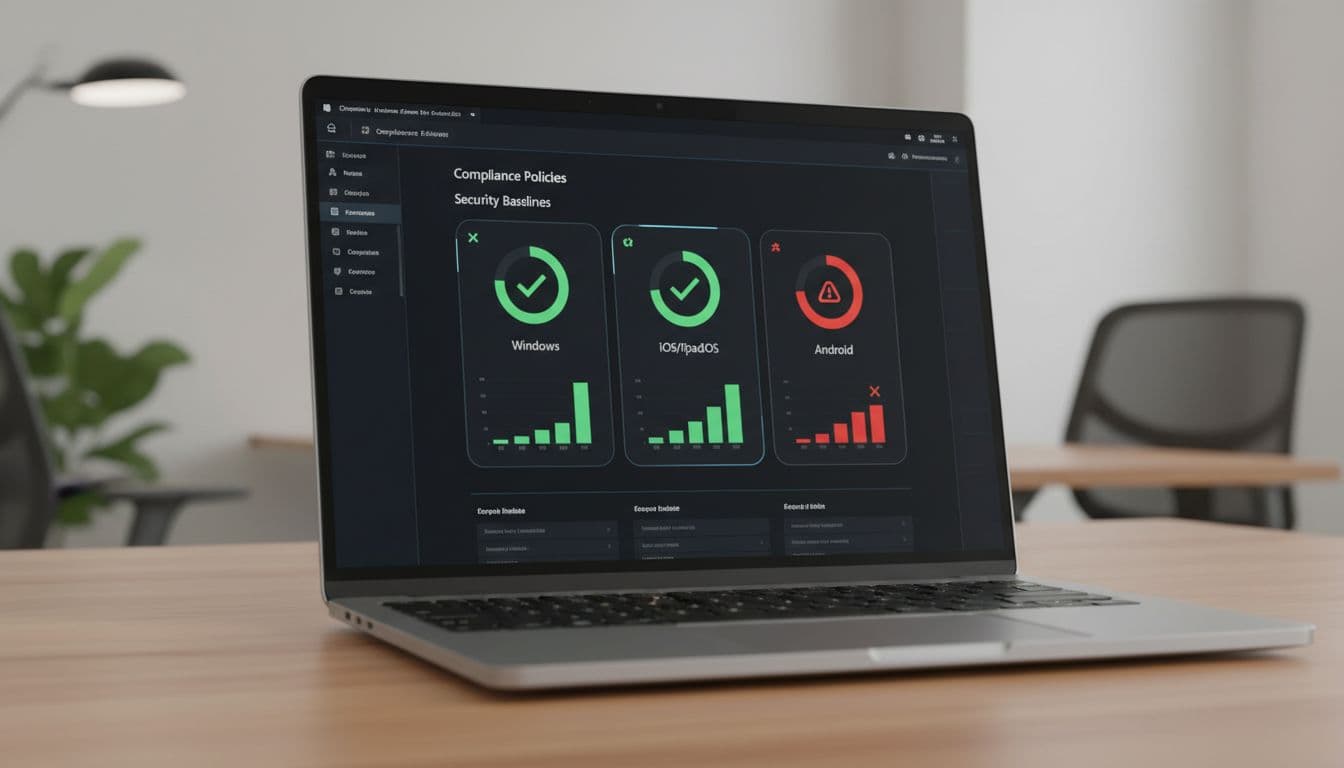 Intune Security Audit Checklist for 2026 Device Fleets 1 Modern Intune admin console dashboard on a laptop screen displaying compliance charts for Windows, macOS, iOS, and Android devices, with mostly green checkmarks and one red alert, in dark mode.