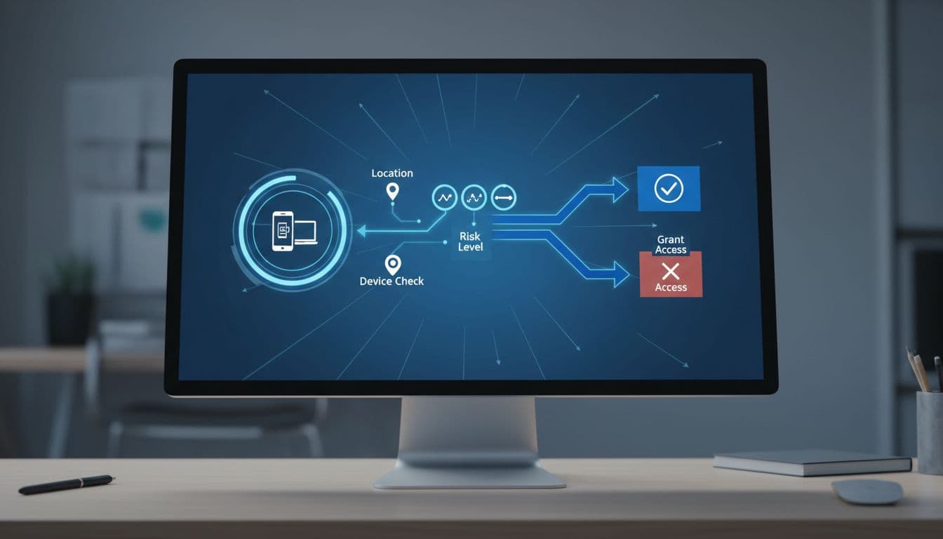 Intune Security Audit Checklist for 2026 Device Fleets 2 Abstract professional flowchart diagram on a single desk monitor illustrating Intune Conditional Access policy with device check, location pin, and risk level icons leading to grant or block.