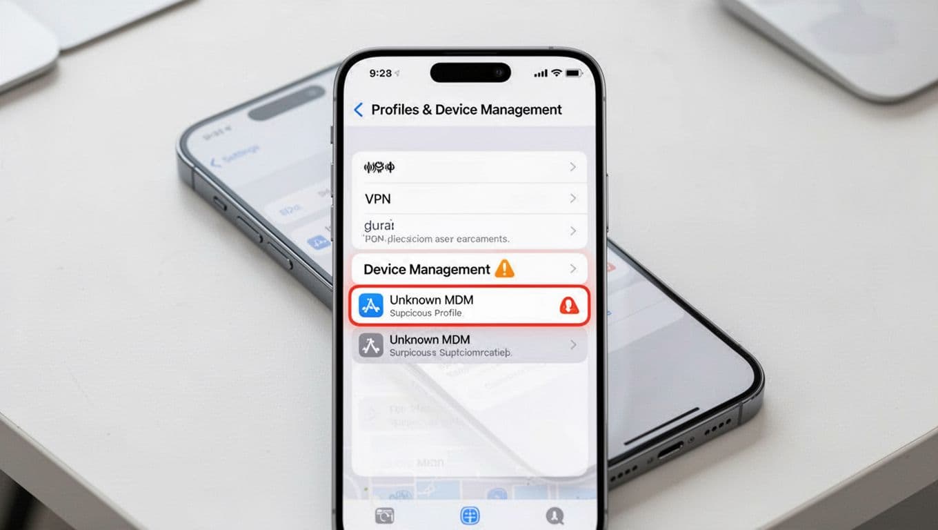 Clean modern tutorial illustration of iPhone screen in iOS 17/18 showing Profiles & Device Management with suspicious 'Unknown MDM' profile and orange warning icon.