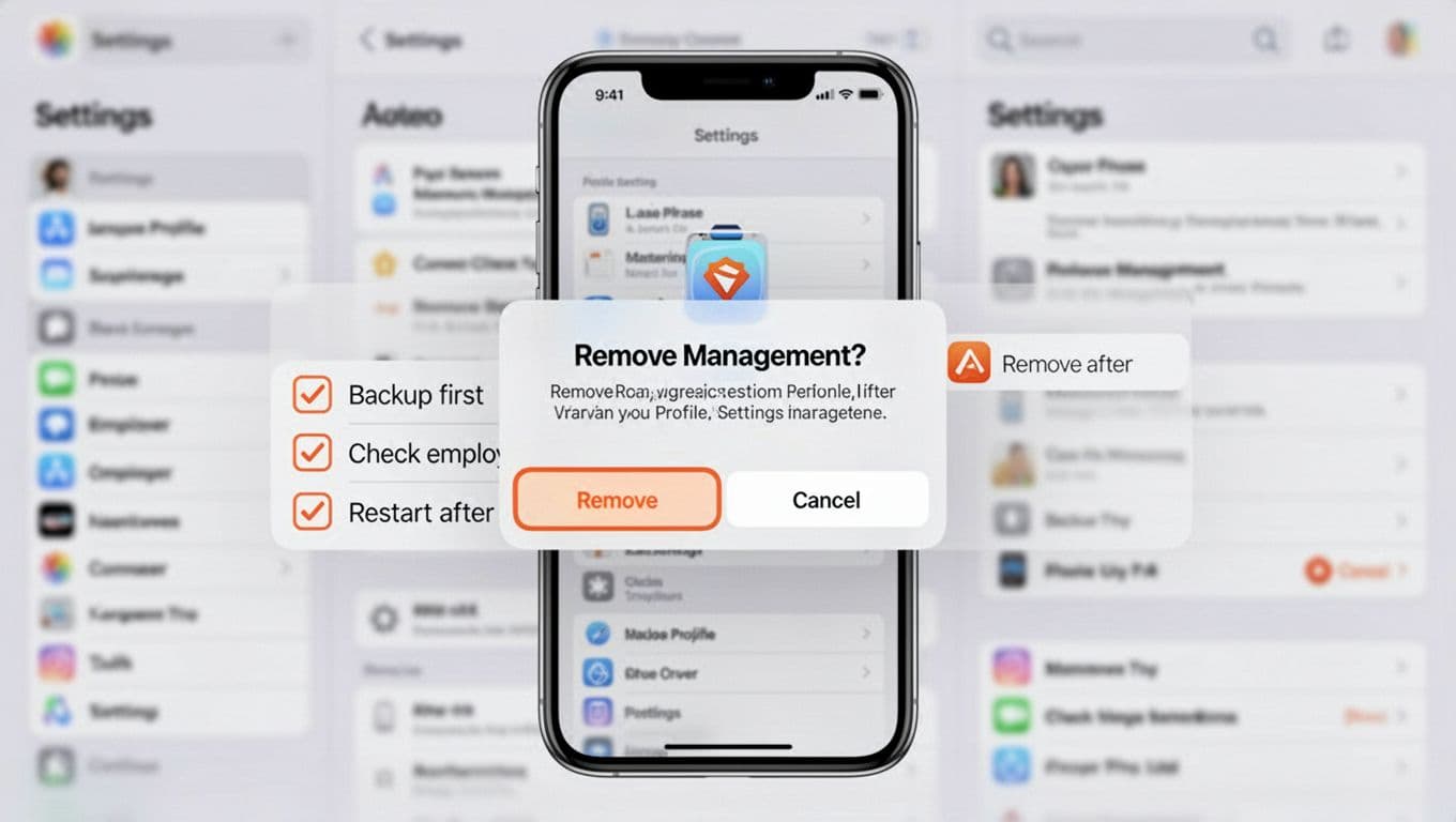 Tutorial-style illustration of an iPhone confirmation dialog for removing a management profile in iOS 17/18. Features 'Remove Management?' popup with Remove and Cancel buttons, checklist icons for backup, employer check, and restart, over blurred Settings app background.