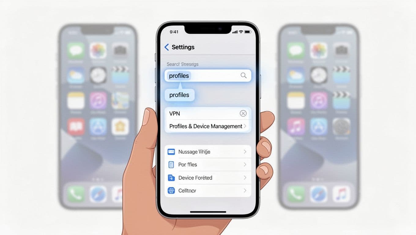 Clean modern vector illustration of iPhone iOS Settings app with search bar typing 'profiles', callouts to VPN and Profiles suggestions, blurred home screen background, flat Apple-like UI in light mode.