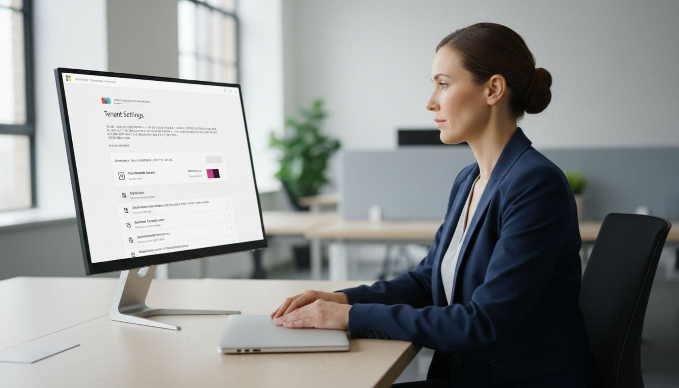 A professional IT administrator sits focused at a modern office desk, viewing a simplified Microsoft 365 admin center interface displaying SharePoint permissions list, with a laptop nearby and natural daylight from a window.