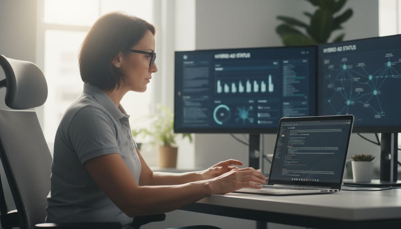 IT admin at desk with relaxed hands on keyboard, checking PowerShell output on laptop screen for LAPS status in an office setting with blurred hybrid AD dashboard on background monitors, realistic natural daylight photo.