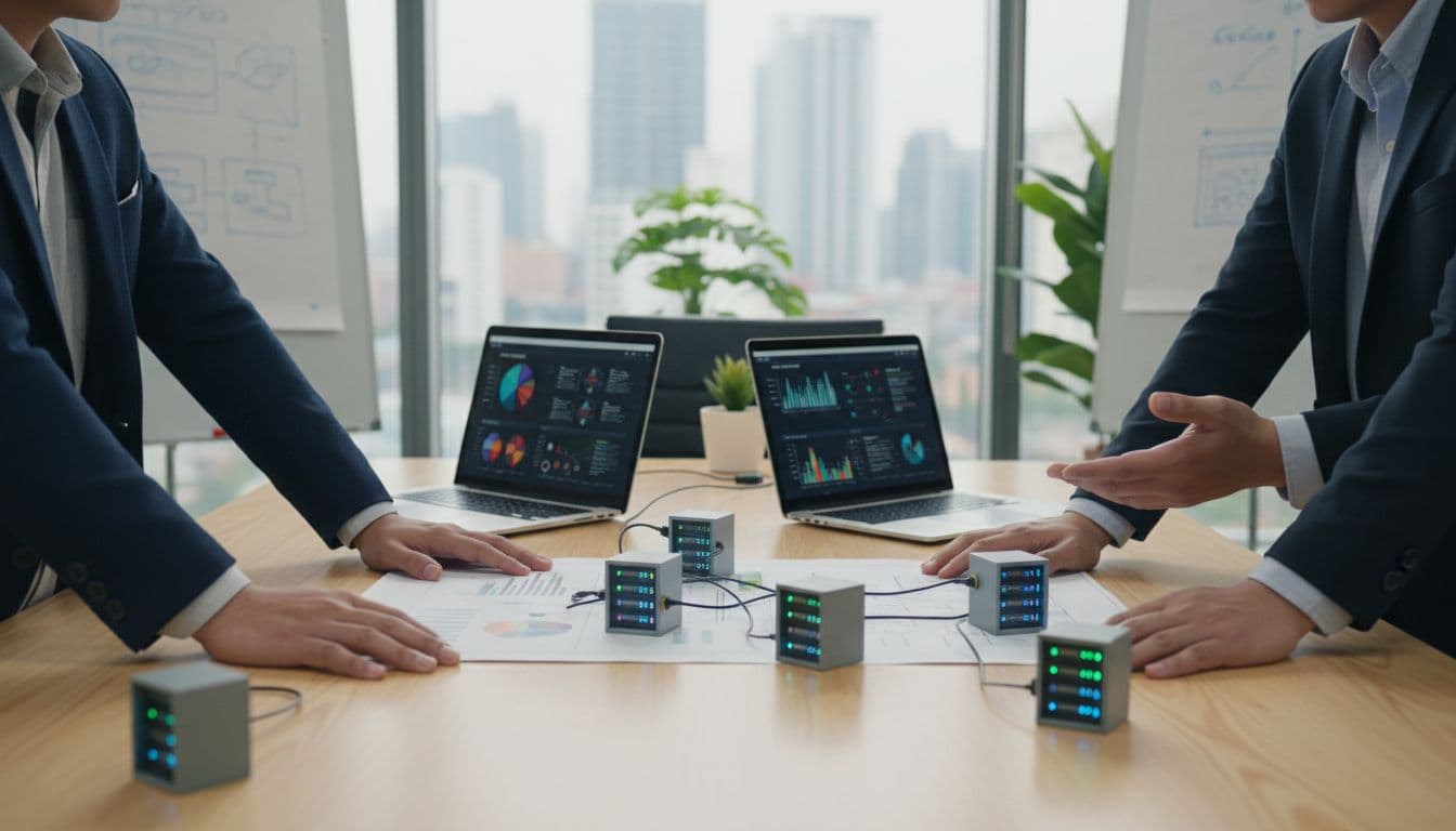 Arm Server TCO in 2026 for VMware Exit Plans 2 Three IT architects at conference table review charts on open laptops with server models nearby.